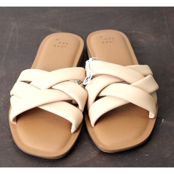 a new day Shoes - A New Day Women Tan Beige Crisscross Strap Slide Sandals Flats Size 6.5